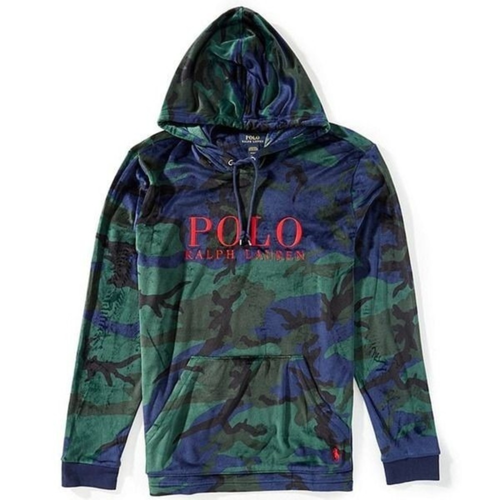 Polo Ralph Lauren Mens Small Green Camo Camouflage Velour Loungewear Pony Hoodie